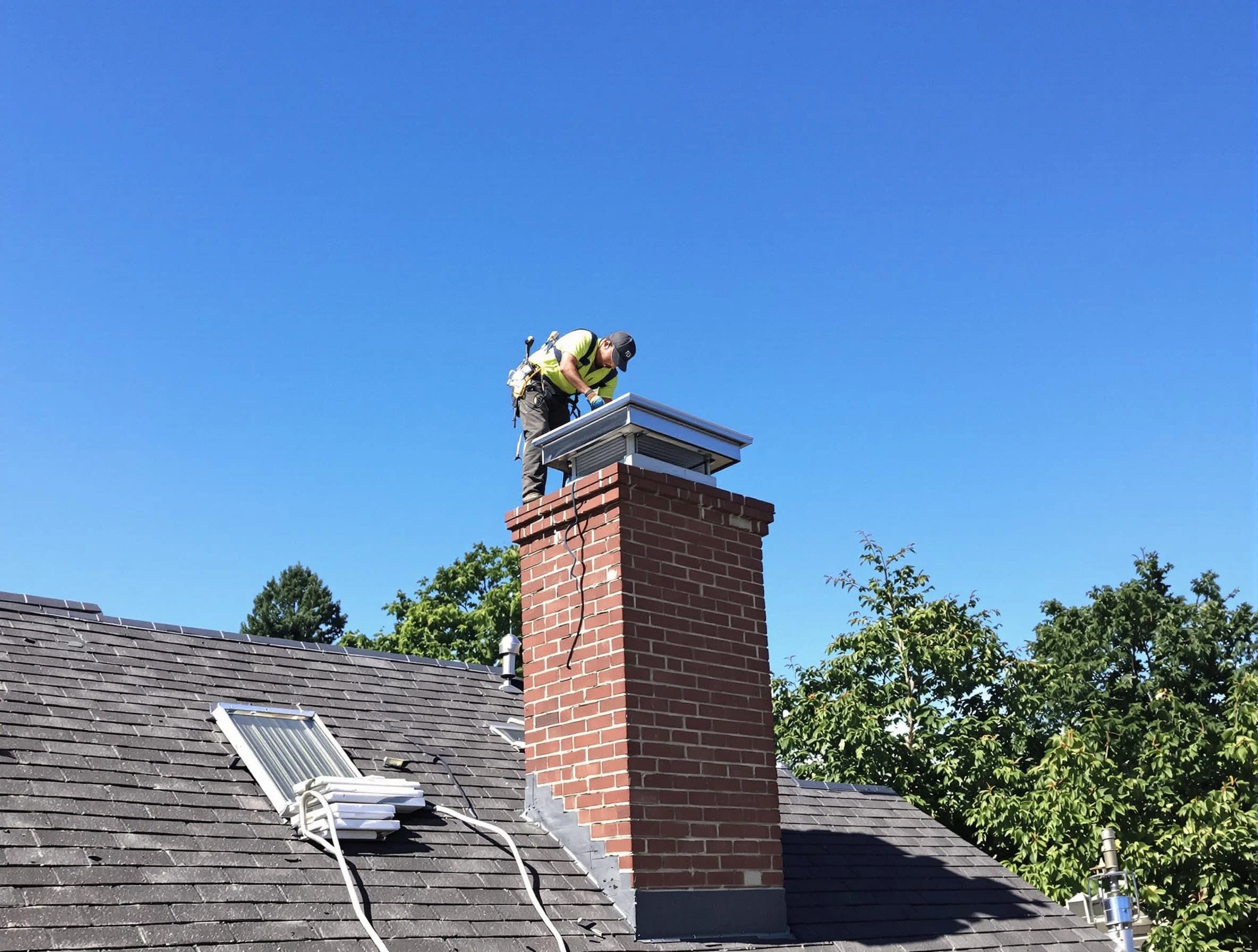 Fitchburg Chimney Sweep technician measuring a chimney cap in Fitchburg, MA