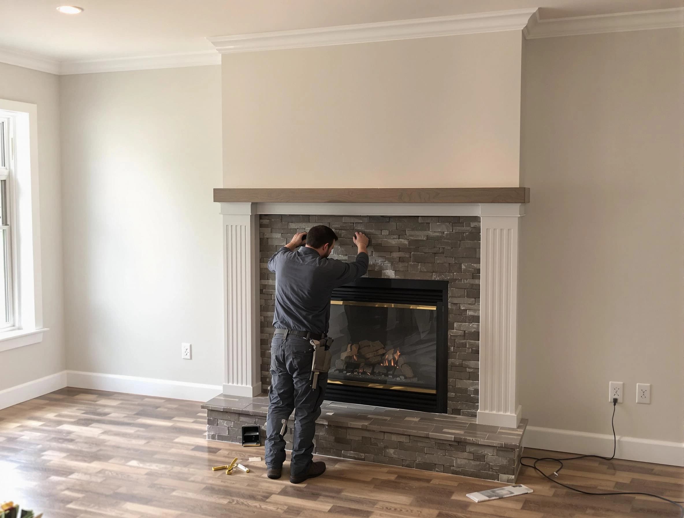 Fitchburg Chimney Sweep finishing a custom fireplace install in Fitchburg, MA