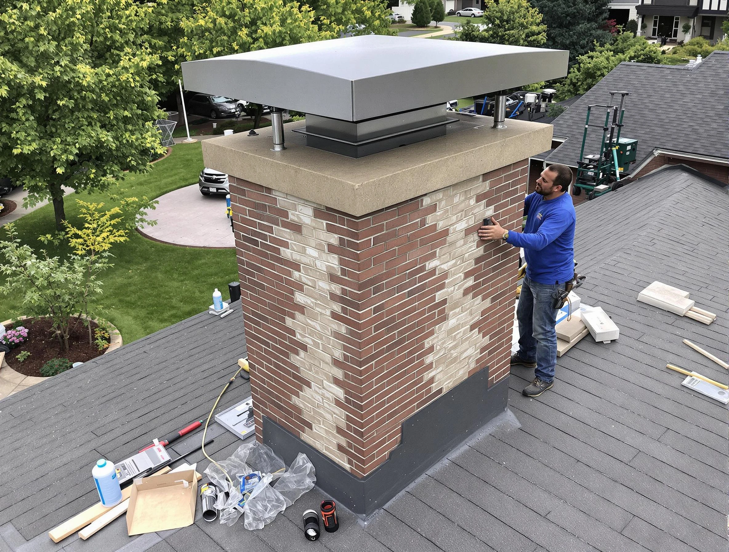 Fitchburg Chimney Sweep team working on a custom chimney remodel in Fitchburg, MA